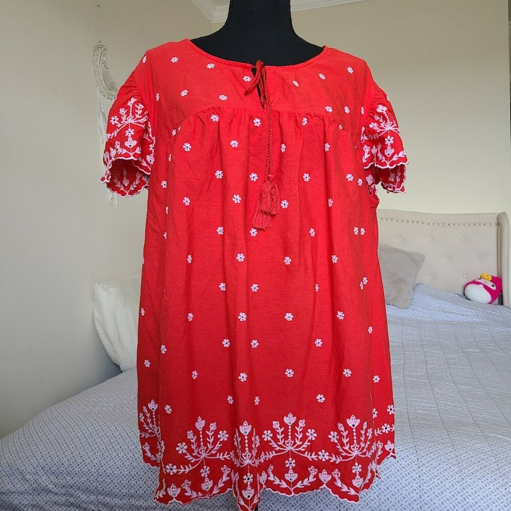 Lane Bryant Red  Flatter sleeve Embroidered Eyelet Top  Size 20 Cotton-Linen
